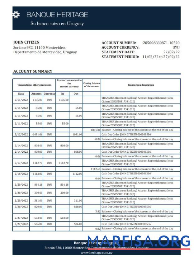 Printable Uruguay Banque Heritage bank statement excel download for verification